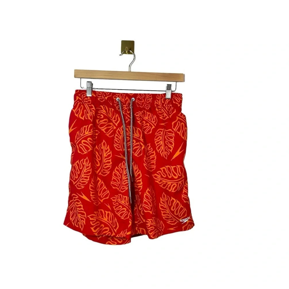 Speedo Men’s Red Orange Leaf Print Swim Trunks Board Shorts Size M